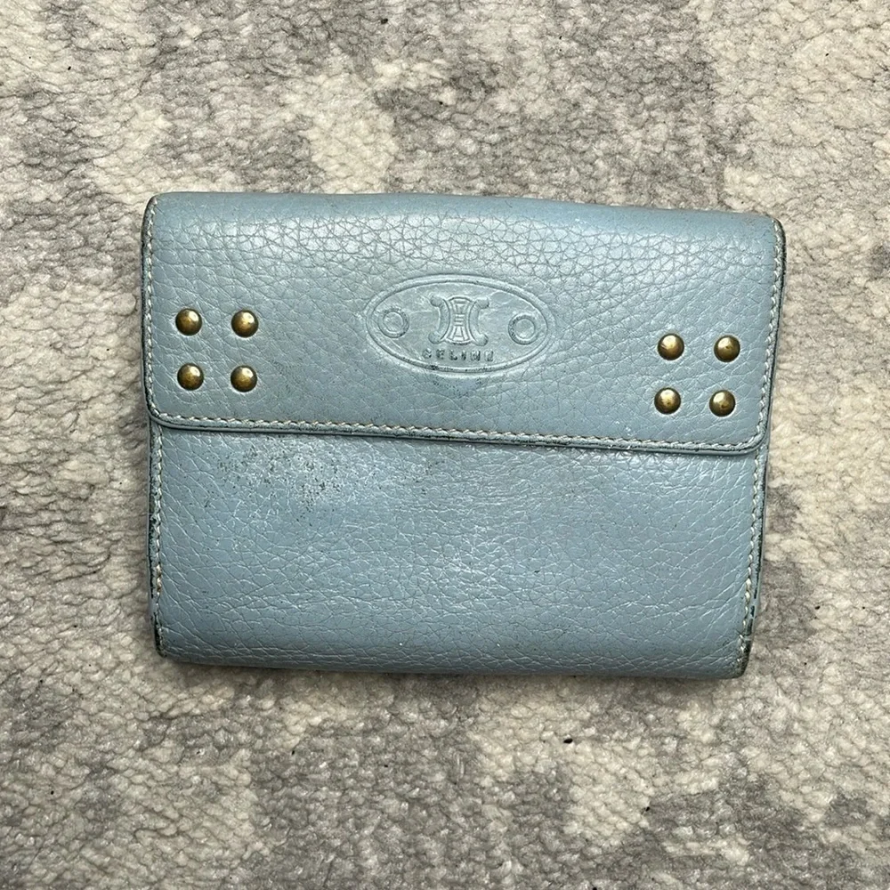 Celine Studded Pebbled Leather Compact Wallet Powder Blue Extra Card Holders